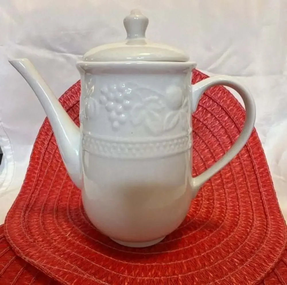 White Embossed Grape and Vine Stoneware Teapot